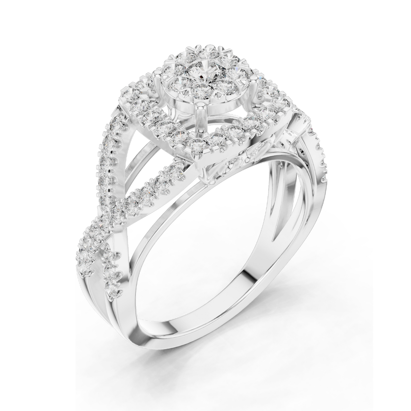 0.864 CT Lab Diamond Ladies Ring with Halo & Side Stone Design | VVS-VS EF Clarity | 18KT, 14KT, 10KT Gold & 925 Silver | Rose, Yellow, White Gold & Moissanite Options