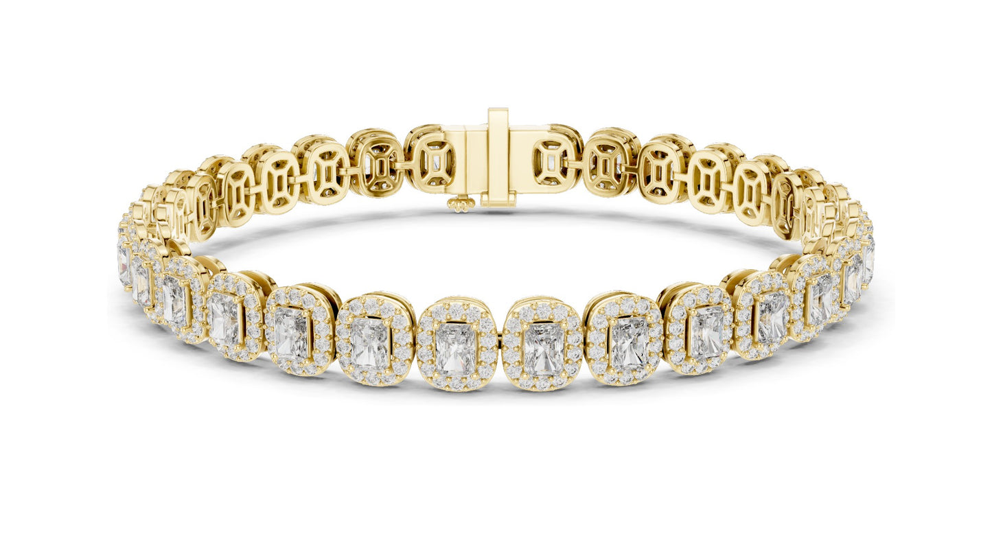 7.04 CT Lab Diamond Halo Tennis Bracelet | Emerald & Round Brilliant Cut | VVS–VS EF CVD | 10KT, 14KT, 18KT Gold & 925 Silver | Rose, Yellow, White Gold Options | Luxury Fine Jewelry