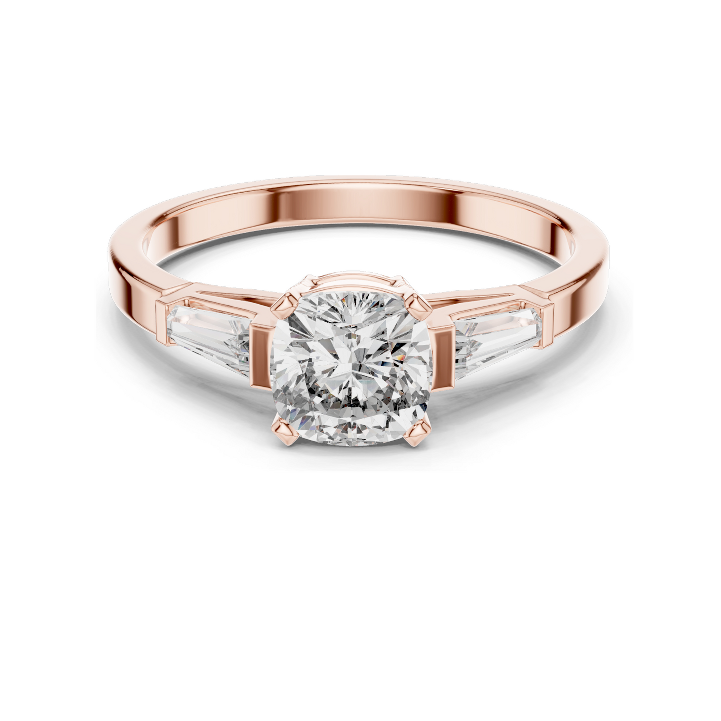 2.02 CT Lab-Grown Diamond Ladies Ring | Cushion Cut Center Stone with Trapezoid Side Diamonds | Available in 18KT, 14KT, 10KT Gold & 925 Silver | Rose, Yellow, White Gold & Moissanite Options