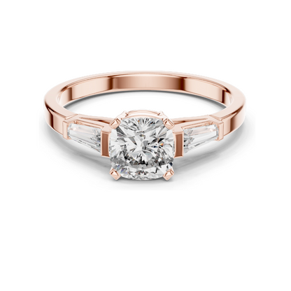 2.02 CT Lab-Grown Diamond Ladies Ring | Cushion Cut Center Stone with Trapezoid Side Diamonds | Available in 18KT, 14KT, 10KT Gold & 925 Silver | Rose, Yellow, White Gold & Moissanite Options