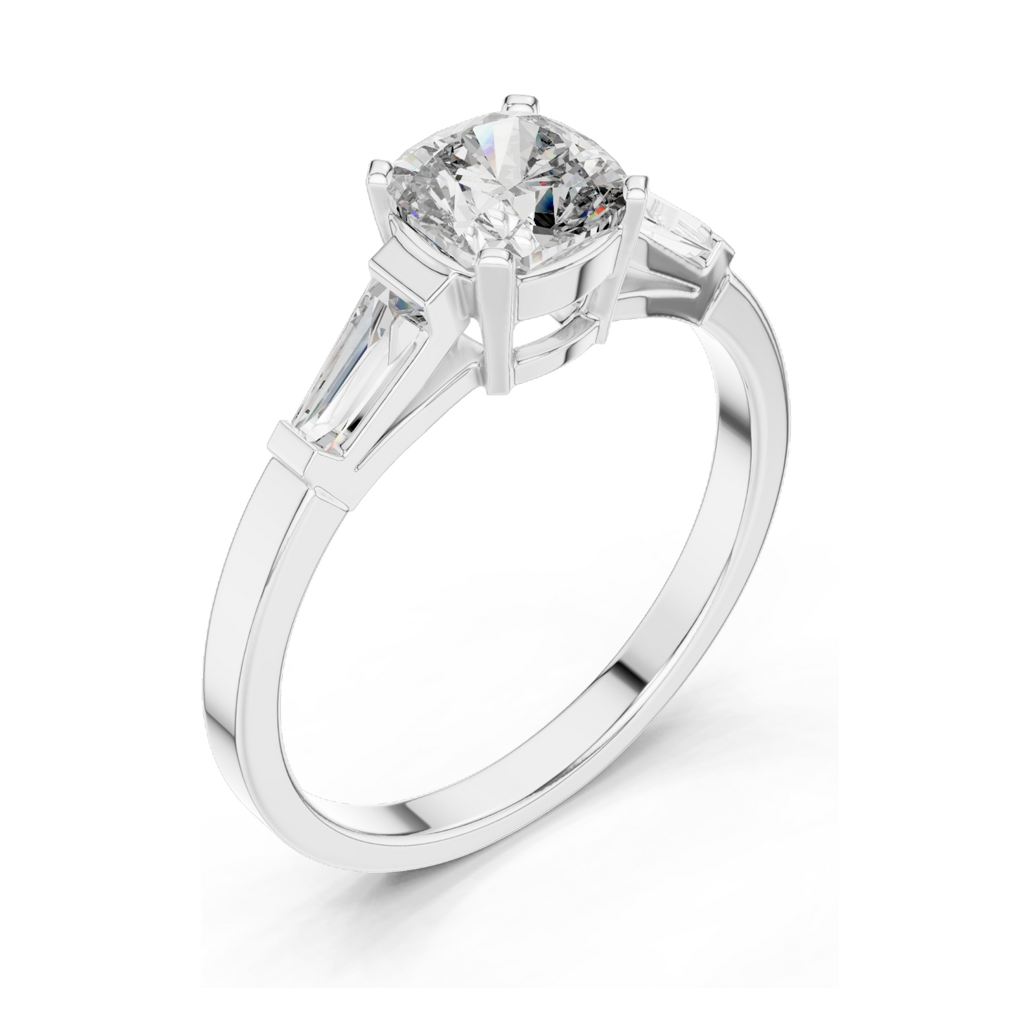 2.02 CT Lab-Grown Diamond Ladies Ring | Cushion Cut Center Stone with Trapezoid Side Diamonds | Available in 18KT, 14KT, 10KT Gold & 925 Silver | Rose, Yellow, White Gold & Moissanite Options