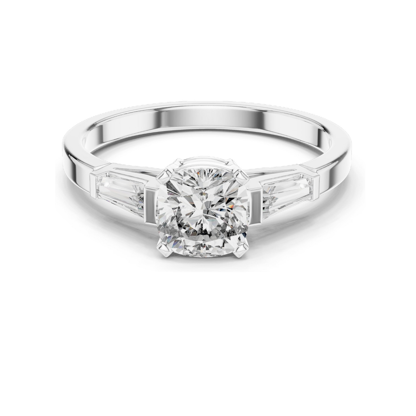 2.02 CT Lab-Grown Diamond Ladies Ring | Cushion Cut Center Stone with Trapezoid Side Diamonds | Available in 18KT, 14KT, 10KT Gold & 925 Silver | Rose, Yellow, White Gold & Moissanite Options