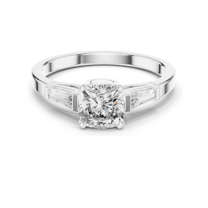 2.02 CT Lab-Grown Diamond Ladies Ring | Cushion Cut Center Stone with Trapezoid Side Diamonds | Available in 18KT, 14KT, 10KT Gold & 925 Silver | Rose, Yellow, White Gold & Moissanite Options