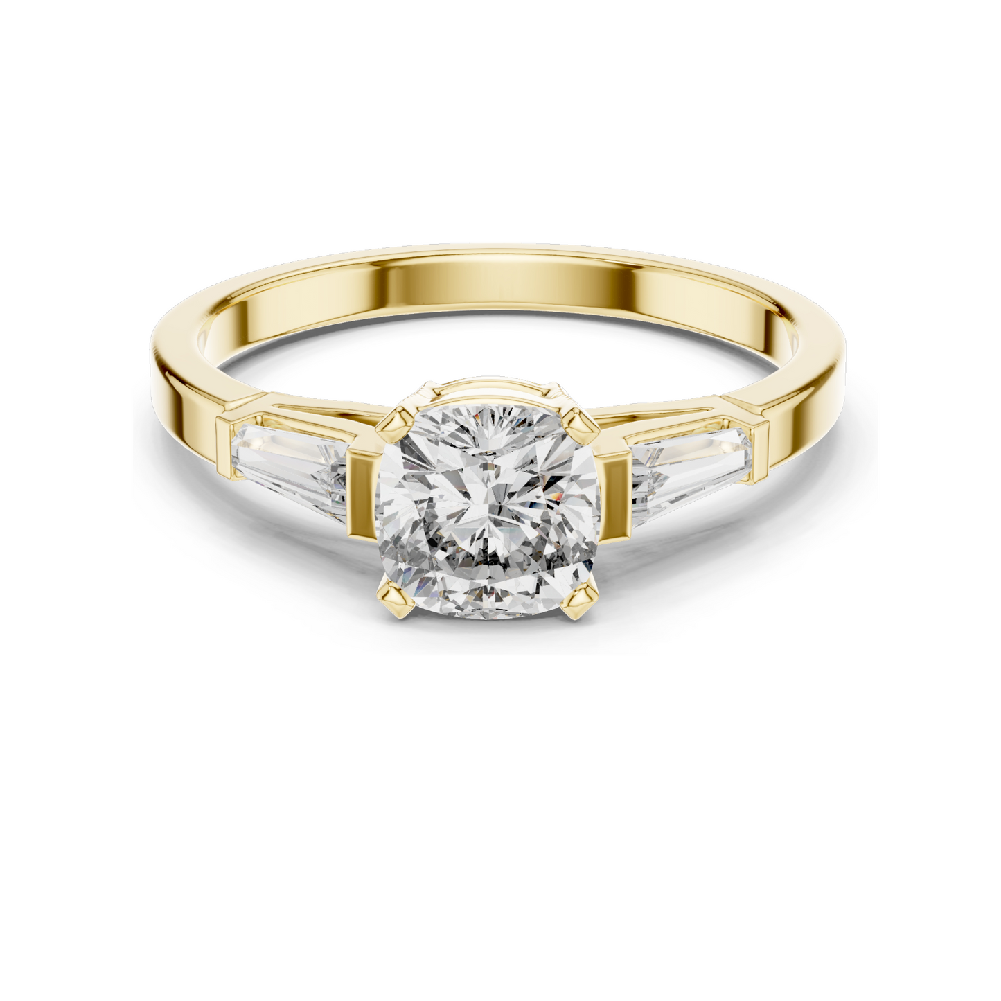 2.02 CT Lab-Grown Diamond Ladies Ring | Cushion Cut Center Stone with Trapezoid Side Diamonds | Available in 18KT, 14KT, 10KT Gold & 925 Silver | Rose, Yellow, White Gold & Moissanite Options