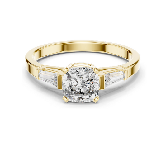 2.02 CT Lab-Grown Diamond Ladies Ring | Cushion Cut Center Stone with Trapezoid Side Diamonds | Available in 18KT, 14KT, 10KT Gold & 925 Silver | Rose, Yellow, White Gold & Moissanite Options