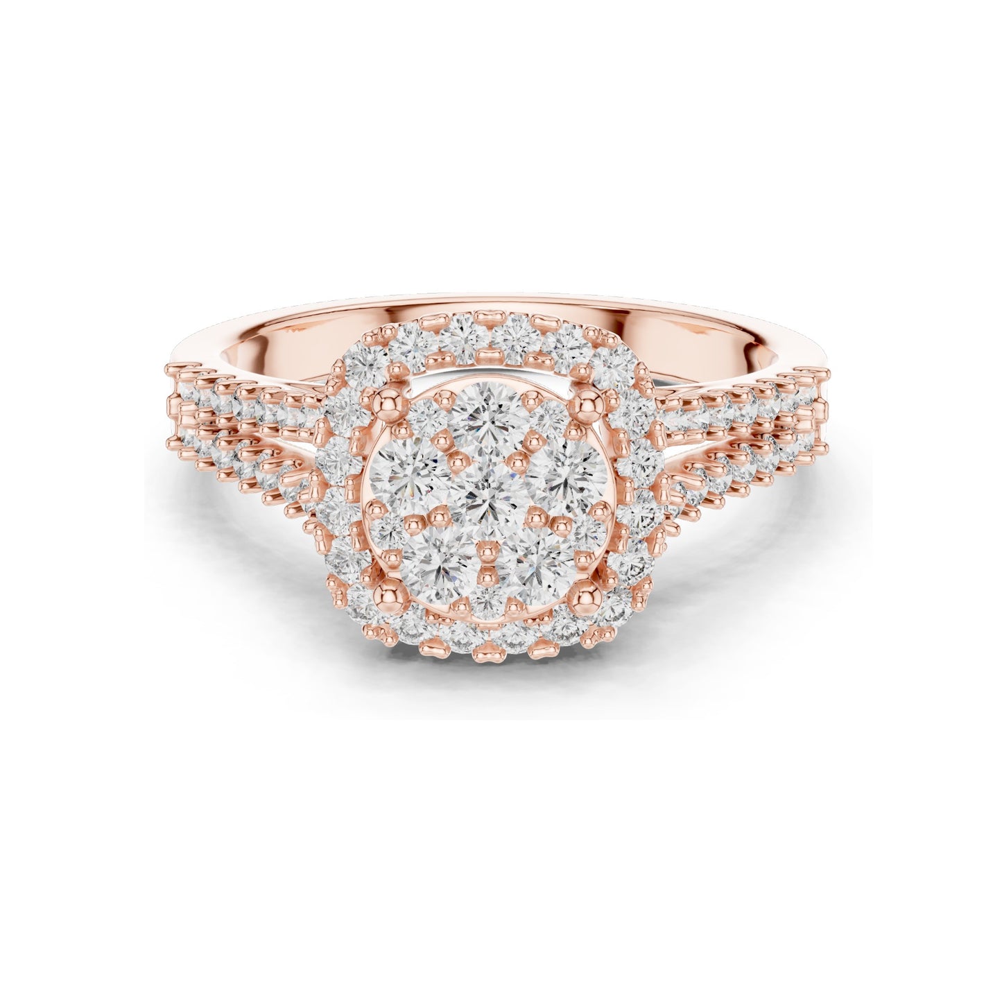0.816 CT Lab Diamond Cluster Ring for Women | VVS-VS EF CVD Diamonds | Double Halo Split Shank Design | 18KT, 14KT, 10KT Gold & 925 Silver | Rose, Yellow, White Gold & Moissanite Options