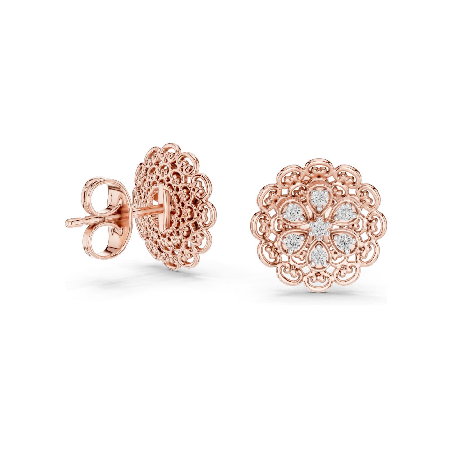 Floral Lab Diamond Stud Earrings – 0.126 CT EF VVS-VS Lab-Grown Diamonds | 18KT, 14KT, 10KT Gold & 925 Silver | Rose, Yellow, White Gold & Moissanite Options