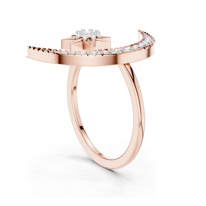 Crescent Moon & Star Diamond Ring for Women | VVS-VS EF Lab Diamonds | Available in Rose, Yellow, White Gold & 925 Silver | 18KT, 14KT, 10KT Options