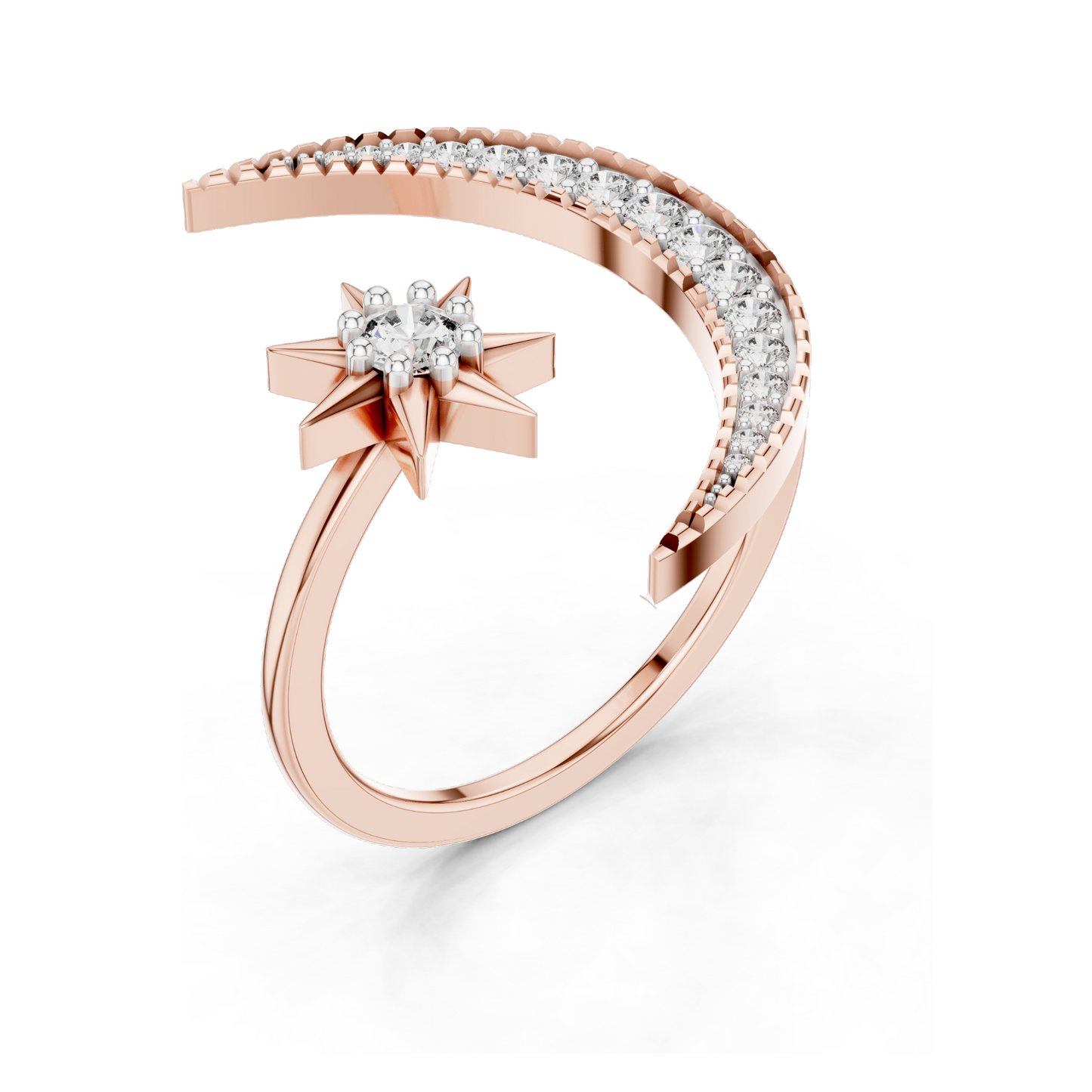 Crescent Moon & Star Diamond Ring for Women | VVS-VS EF Lab Diamonds | Available in Rose, Yellow, White Gold & 925 Silver | 18KT, 14KT, 10KT Options