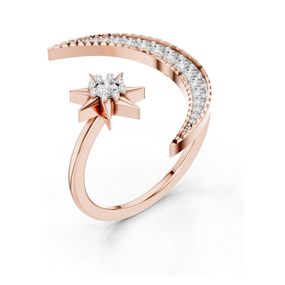 Crescent Moon & Star Diamond Ring for Women | VVS-VS EF Lab Diamonds | Available in Rose, Yellow, White Gold & 925 Silver | 18KT, 14KT, 10KT Options