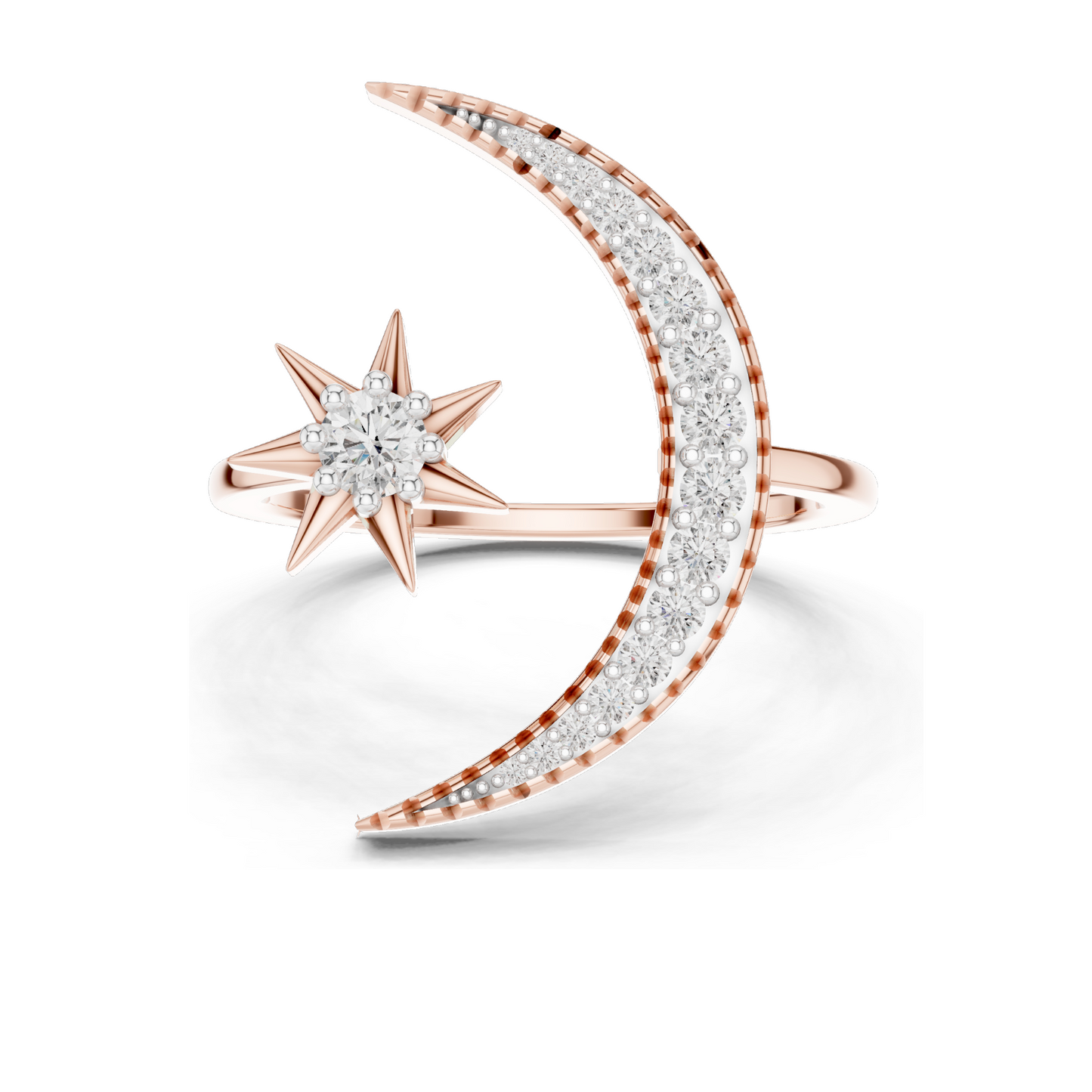 Crescent Moon & Star Diamond Ring for Women | VVS-VS EF Lab Diamonds | Available in Rose, Yellow, White Gold & 925 Silver | 18KT, 14KT, 10KT Options