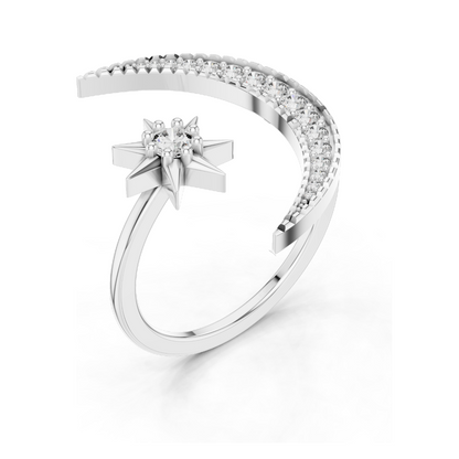 Crescent Moon & Star Diamond Ring for Women | VVS-VS EF Lab Diamonds | Available in Rose, Yellow, White Gold & 925 Silver | 18KT, 14KT, 10KT Options