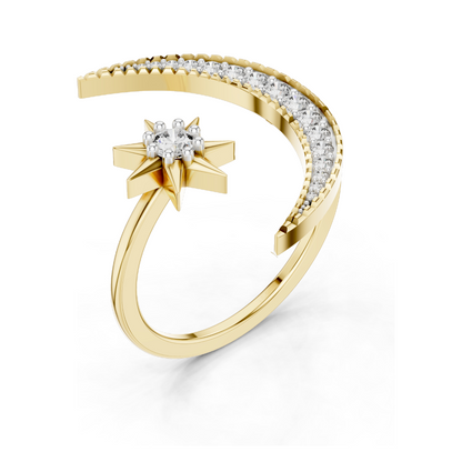 Crescent Moon & Star Diamond Ring for Women | VVS-VS EF Lab Diamonds | Available in Rose, Yellow, White Gold & 925 Silver | 18KT, 14KT, 10KT Options