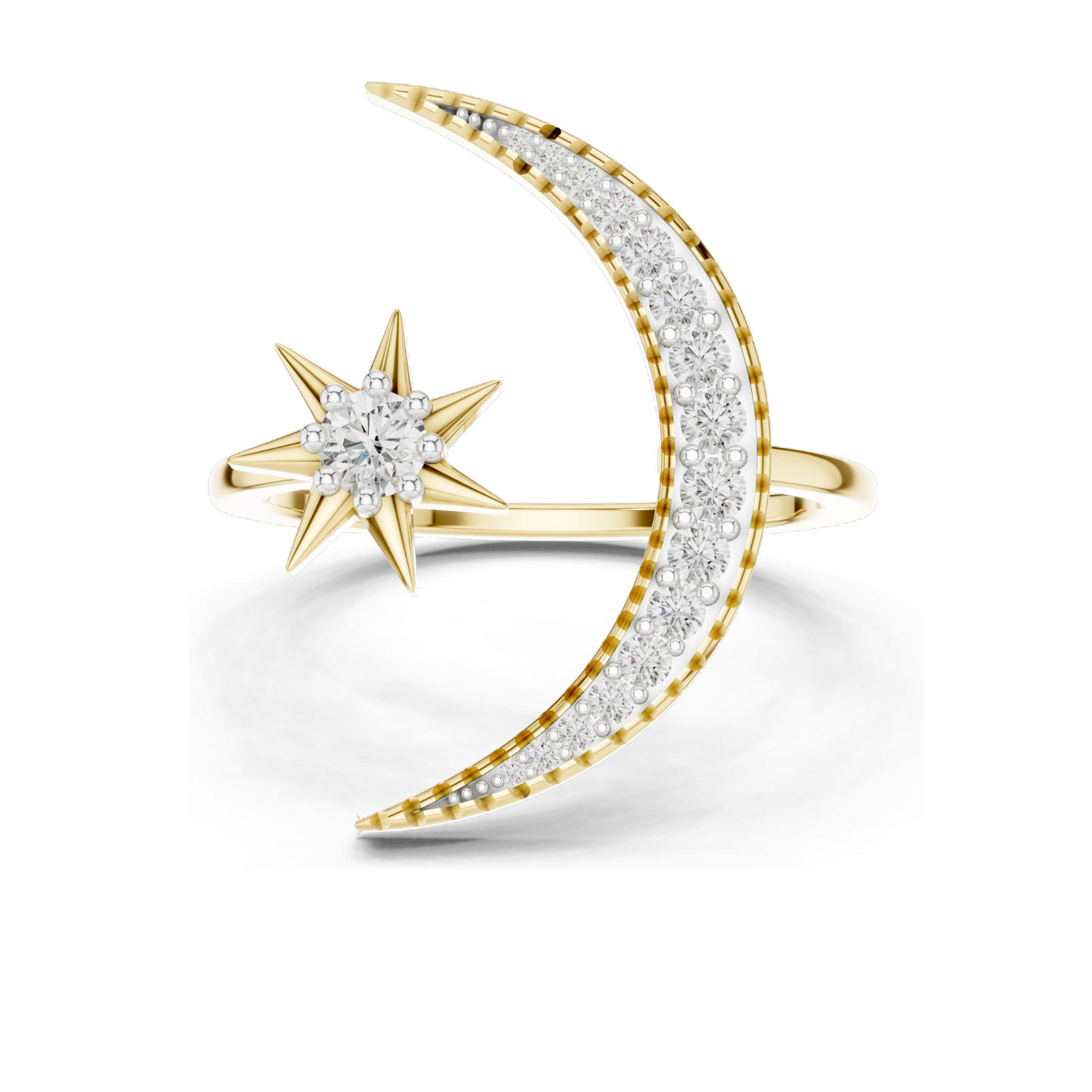 Crescent Moon & Star Diamond Ring for Women | VVS-VS EF Lab Diamonds | Available in Rose, Yellow, White Gold & 925 Silver | 18KT, 14KT, 10KT Options