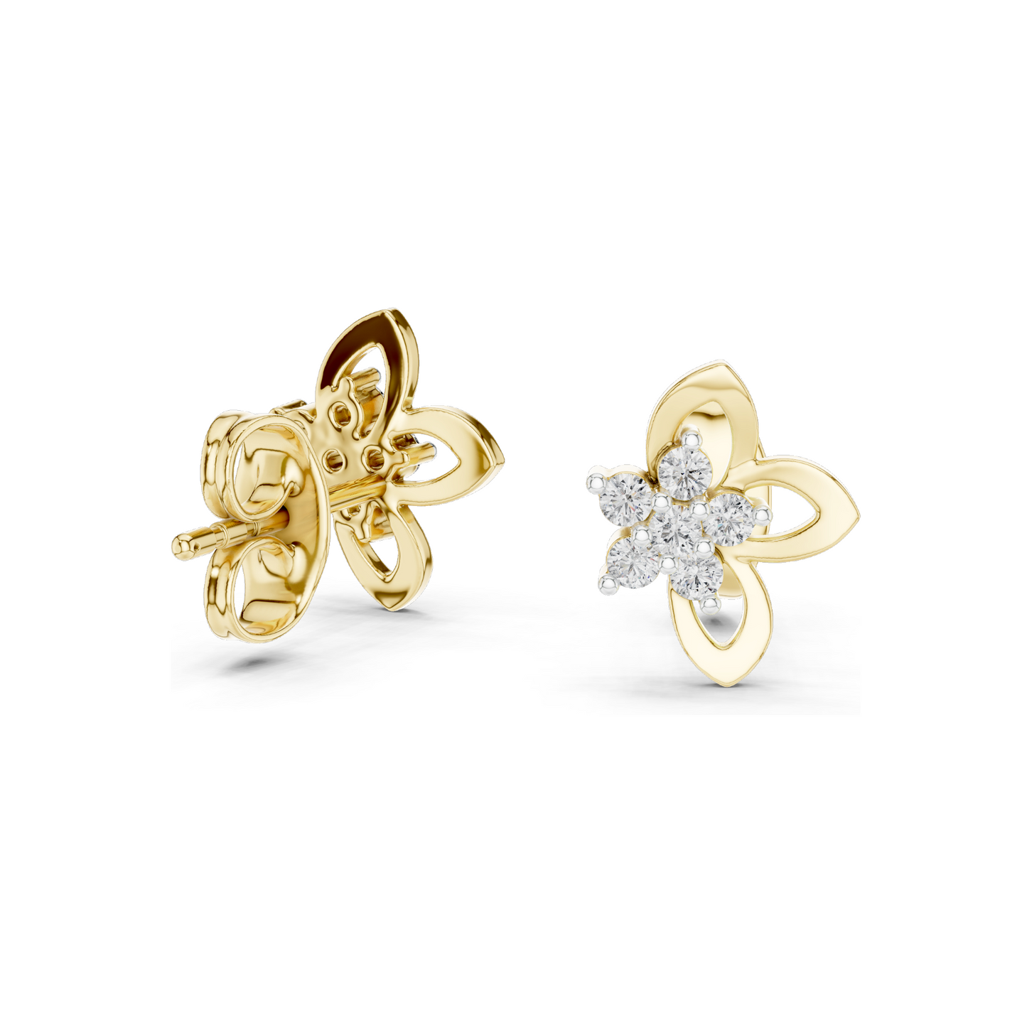 18Kt Gold Floral Stud Earrings with 0.18 Ct Lab Diamonds | VVS-VS EF Clarity | Available in Yellow, Rose, White Gold & Silver | Moissanite Options