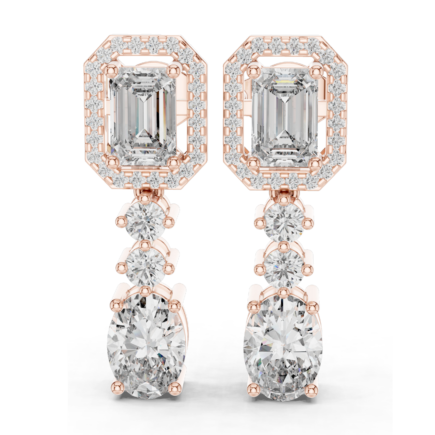 3.03 CT Lab Diamond Drop Earrings | Emerald, Oval & Round Cut | 10KT, 14KT, 18KT Gold & 925 Silver | Rose, Yellow, White Gold | Bridal Luxury Jewelry