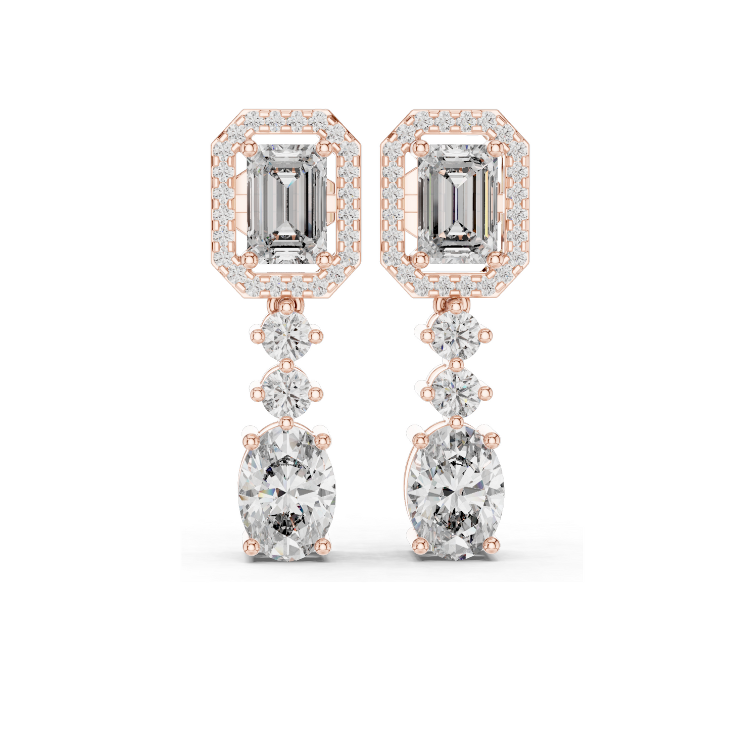 3.03 CT Lab Diamond Drop Earrings | Emerald, Oval & Round Cut | 10KT, 14KT, 18KT Gold & 925 Silver | Rose, Yellow, White Gold | Bridal Luxury Jewelry