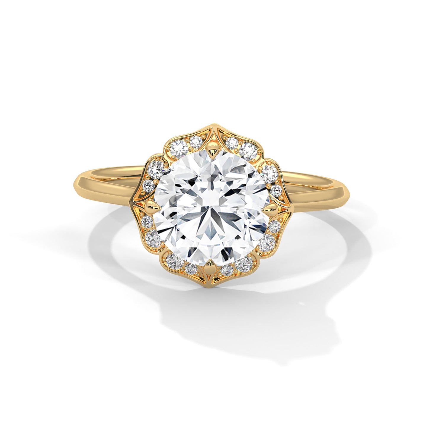 Floral Halo 2ct Round Lab Diamond Ring – Yellow/Rose/White Gold | Vintage Style Engagement Ring | VVS Clarity Lab Grown Solitaire