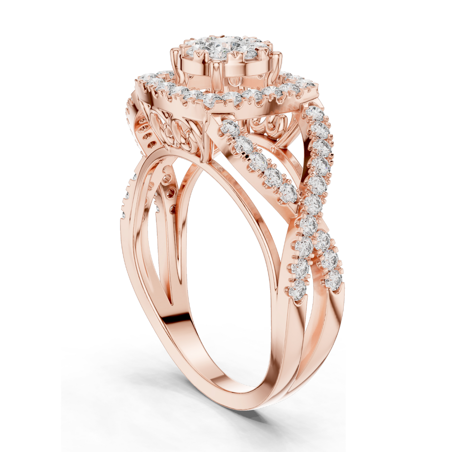 0.864 CT Lab Diamond Ladies Ring with Halo & Side Stone Design | VVS-VS EF Clarity | 18KT, 14KT, 10KT Gold & 925 Silver | Rose, Yellow, White Gold & Moissanite Options