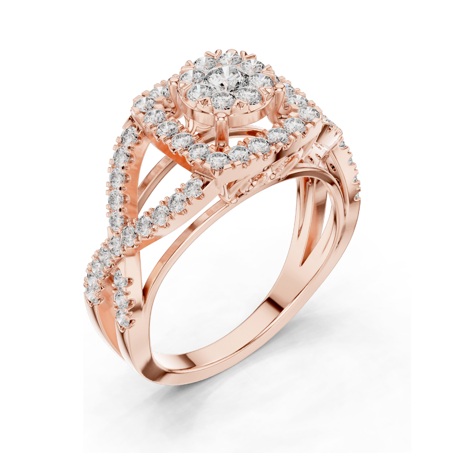 0.864 CT Lab Diamond Ladies Ring with Halo & Side Stone Design | VVS-VS EF Clarity | 18KT, 14KT, 10KT Gold & 925 Silver | Rose, Yellow, White Gold & Moissanite Options