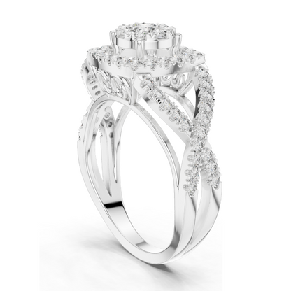 0.864 CT Lab Diamond Ladies Ring with Halo & Side Stone Design | VVS-VS EF Clarity | 18KT, 14KT, 10KT Gold & 925 Silver | Rose, Yellow, White Gold & Moissanite Options