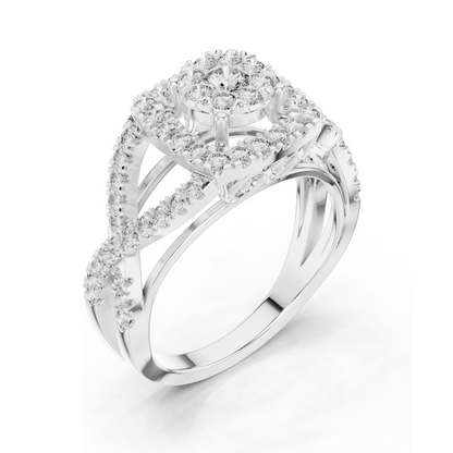 0.864 CT Lab Diamond Ladies Ring with Halo & Side Stone Design | VVS-VS EF Clarity | 18KT, 14KT, 10KT Gold & 925 Silver | Rose, Yellow, White Gold & Moissanite Options