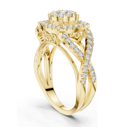 0.864 CT Lab Diamond Ladies Ring with Halo & Side Stone Design | VVS-VS EF Clarity | 18KT, 14KT, 10KT Gold & 925 Silver | Rose, Yellow, White Gold & Moissanite Options
