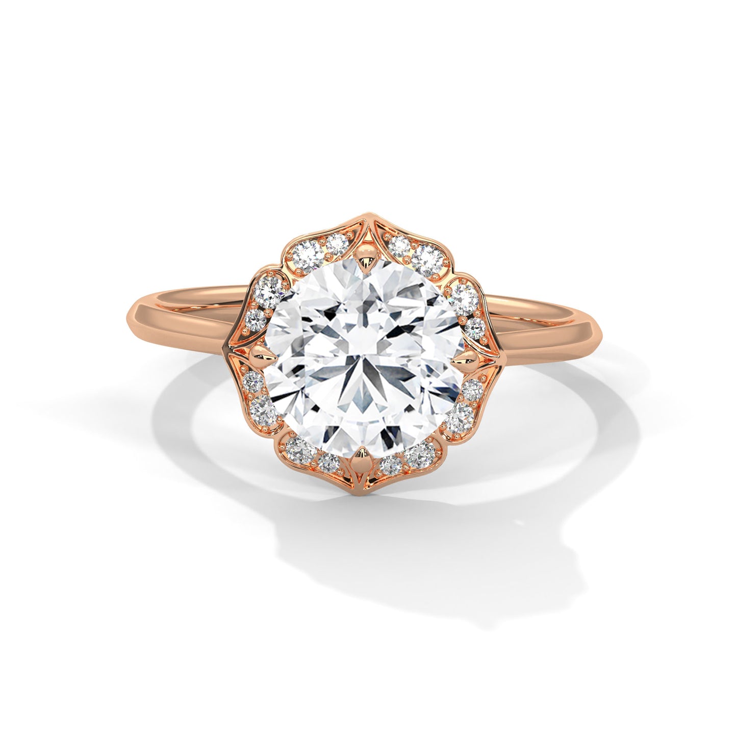 Floral Halo 2ct Round Lab Diamond Ring – Yellow/Rose/White Gold | Vintage Style Engagement Ring | VVS Clarity Lab Grown Solitaire