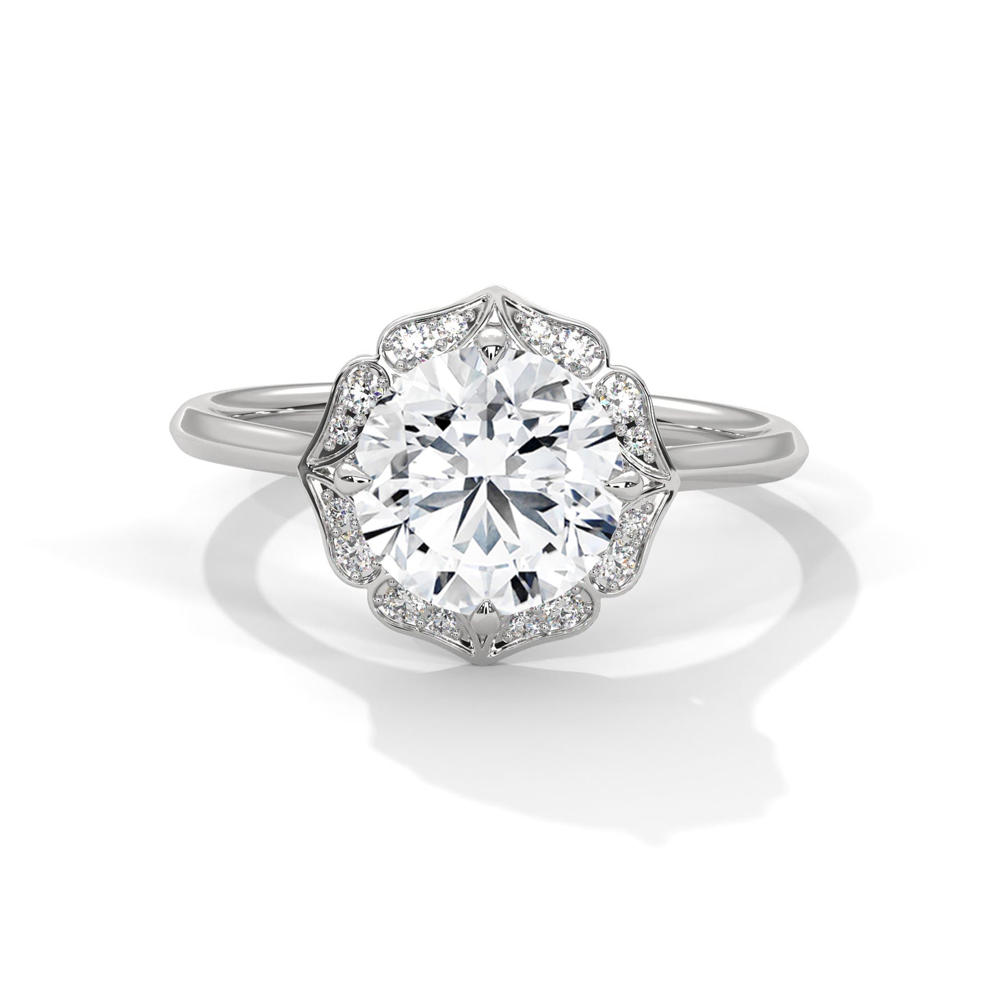 Floral Halo 2ct Round Lab Diamond Ring – Yellow/Rose/White Gold | Vintage Style Engagement Ring | VVS Clarity Lab Grown Solitaire