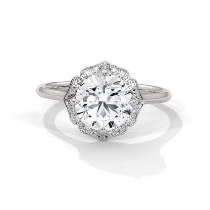 Floral Halo 2ct Round Lab Diamond Ring – Yellow/Rose/White Gold | Vintage Style Engagement Ring | VVS Clarity Lab Grown Solitaire