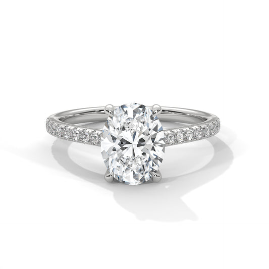 Oval Cut Diamond Engagement Ring with Pave Band – 10K, 14K, 18K White, Yellow & Rose Gold