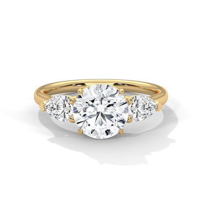 2CT Round Lab Diamond Engagement Ring with Pear Side Stones | VVS Clarity | 3-Stone Gold Ring | Lab Grown Diamond Ring | Custom Bridal Jewel