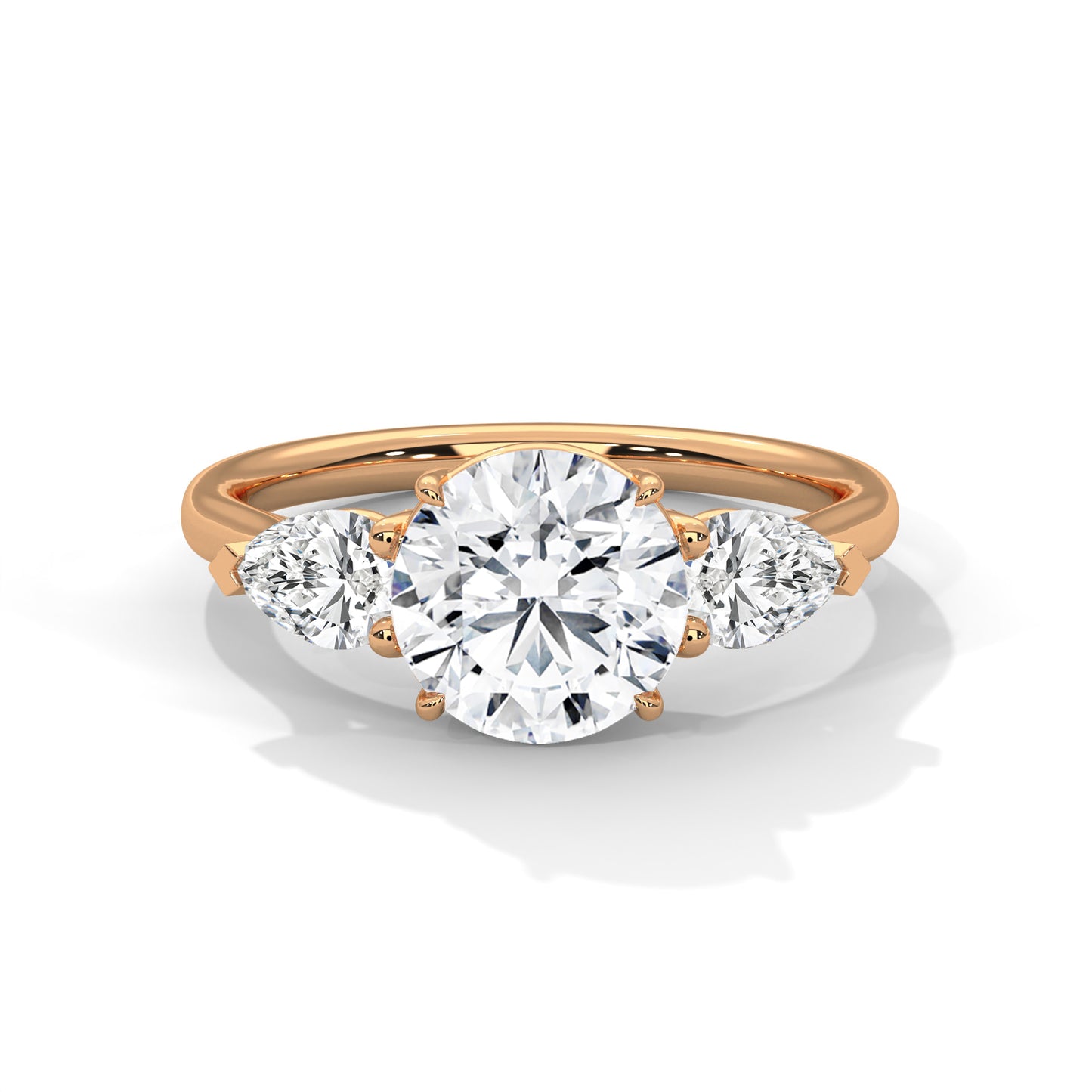 2CT Round Lab Diamond Engagement Ring with Pear Side Stones | VVS Clarity | 3-Stone Gold Ring | Lab Grown Diamond Ring | Custom Bridal Jewel