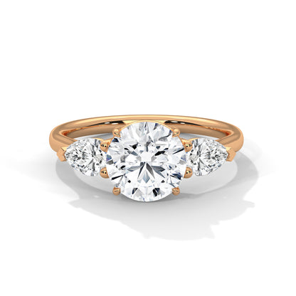 2CT Round Lab Diamond Engagement Ring with Pear Side Stones | VVS Clarity | 3-Stone Gold Ring | Lab Grown Diamond Ring | Custom Bridal Jewel
