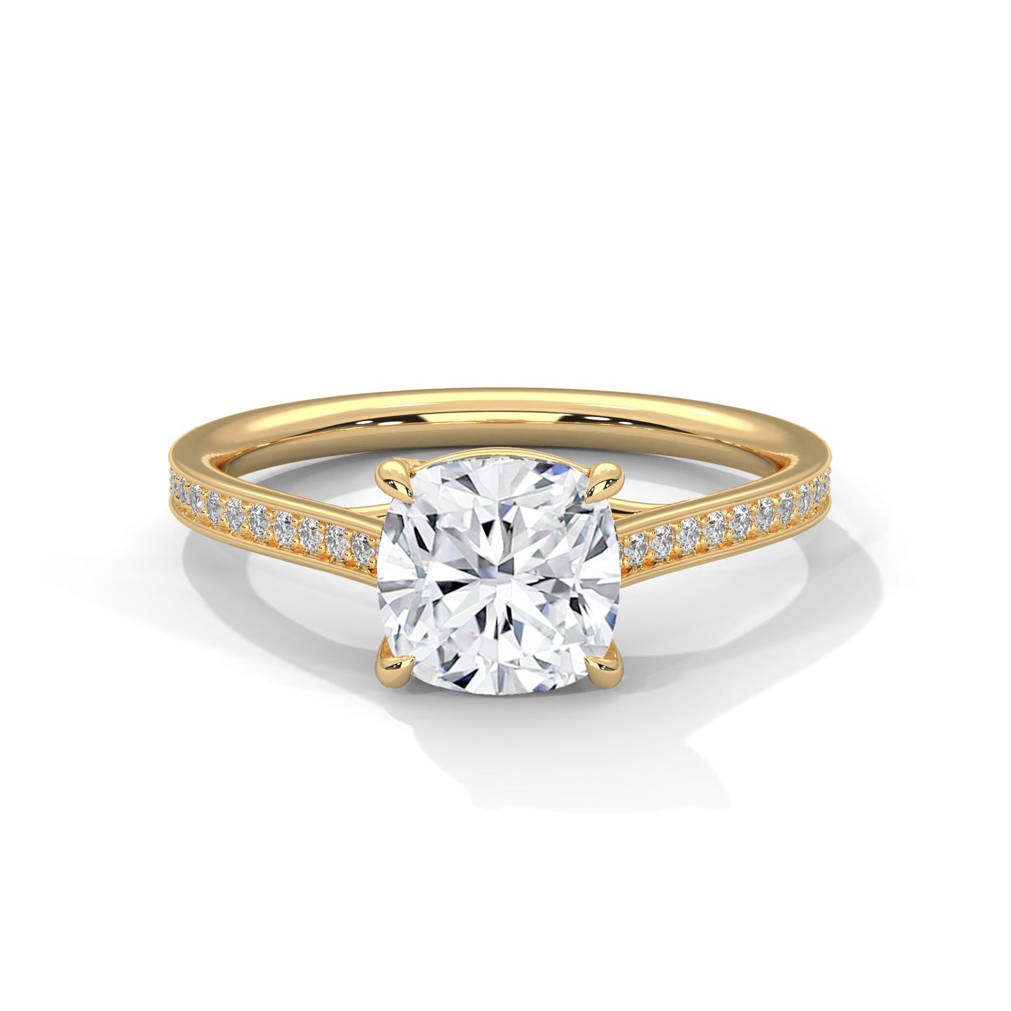 2ct Cushion Cut Lab Diamond Engagement Ring with Pave Band | Solid Gold Solitaire Ring in Yellow, Rose & White Gold | VVS Clarity
