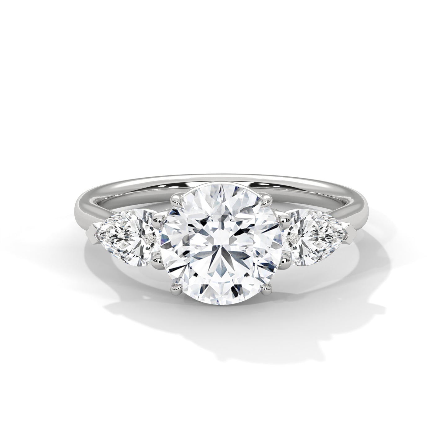 2CT Round Lab Diamond Engagement Ring with Pear Side Stones | VVS Clarity | 3-Stone Gold Ring | Lab Grown Diamond Ring | Custom Bridal Jewel