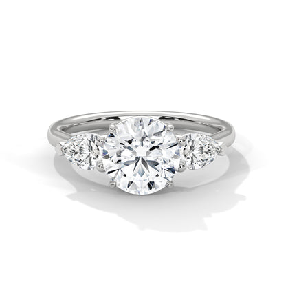 2CT Round Lab Diamond Engagement Ring with Pear Side Stones | VVS Clarity | 3-Stone Gold Ring | Lab Grown Diamond Ring | Custom Bridal Jewel