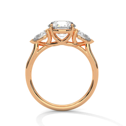 2CT Round Lab Diamond Engagement Ring with Pear Side Stones | VVS Clarity | 3-Stone Gold Ring | Lab Grown Diamond Ring | Custom Bridal Jewel