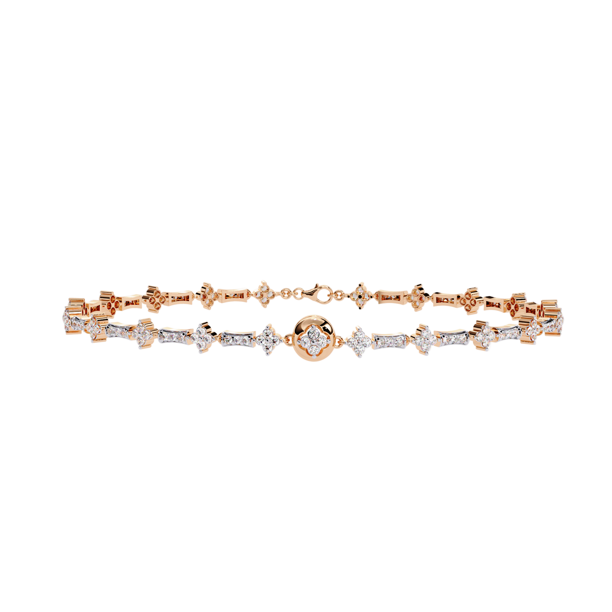 Rose gold and white gold bracelet with diamonds on a white background