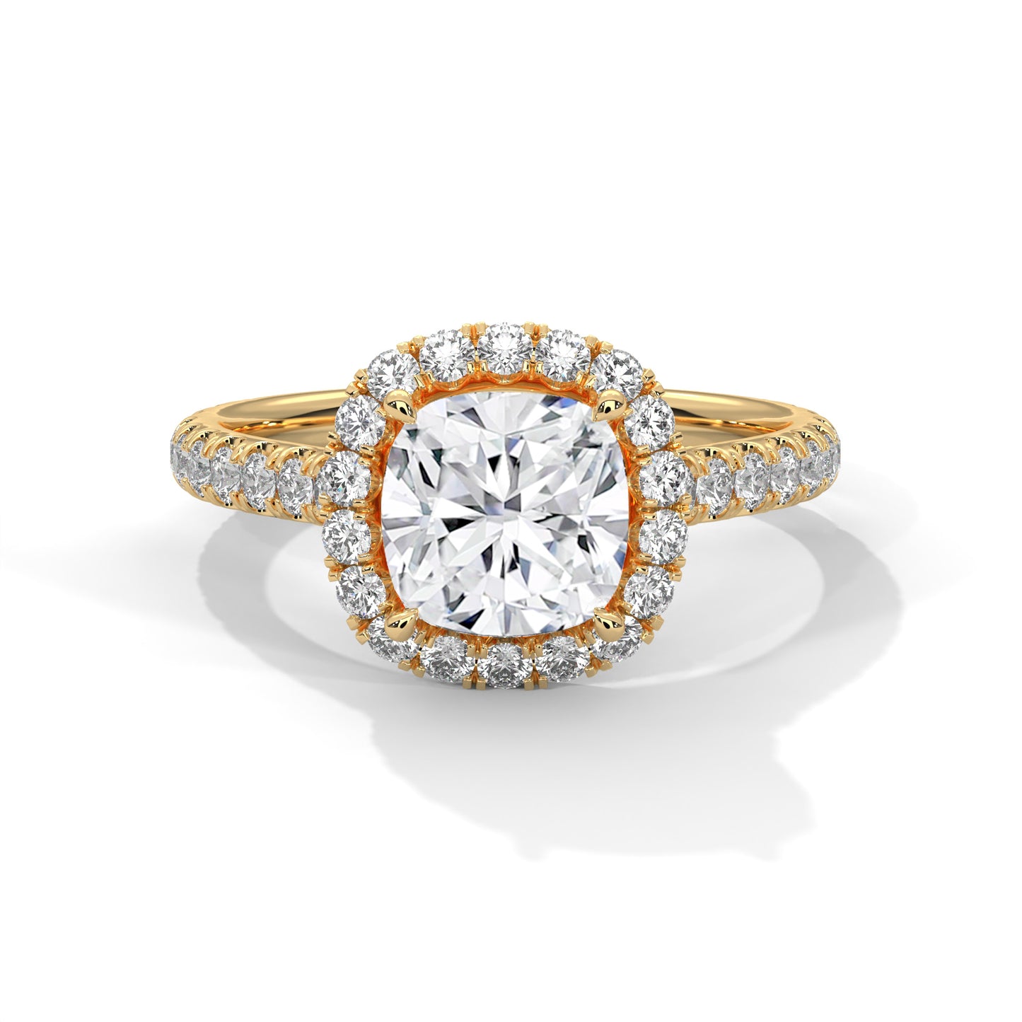 Cushion Cut Lab Diamond Halo Engagement Ring | 2ct Center | Solid Gold | Dainty Pave Diamond Ring | Yellow, Rose & White Gold