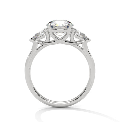 2CT Round Lab Diamond Engagement Ring with Pear Side Stones | VVS Clarity | 3-Stone Gold Ring | Lab Grown Diamond Ring | Custom Bridal Jewel