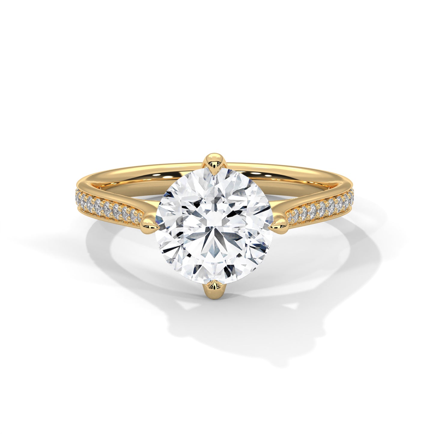 Round Brilliant Solitaire Lab Diamond Engagement Ring with Pave Band – 2ct VVS Clarity – Solid Gold in Yellow, Rose & White