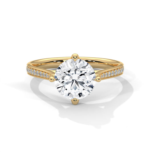 Round Brilliant Solitaire Lab Diamond Engagement Ring with Pave Band – 2ct VVS Clarity – Solid Gold in Yellow, Rose & White