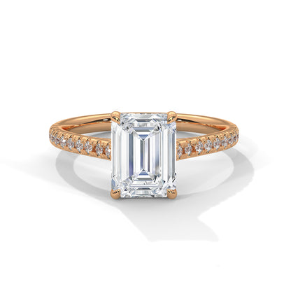 Emerald Cut Lab Diamond Engagement Ring–2ct Solitaire with Pave Band | 14K/18K/10K Yellow/Rose/White Gold | Elegant Lab Grown Diamond Ring