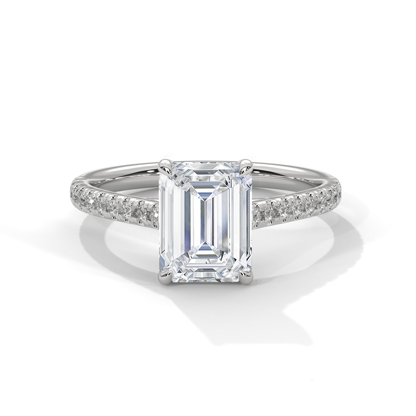Emerald Cut Lab Diamond Engagement Ring–2ct Solitaire with Pave Band | 14K/18K/10K Yellow/Rose/White Gold | Elegant Lab Grown Diamond Ring