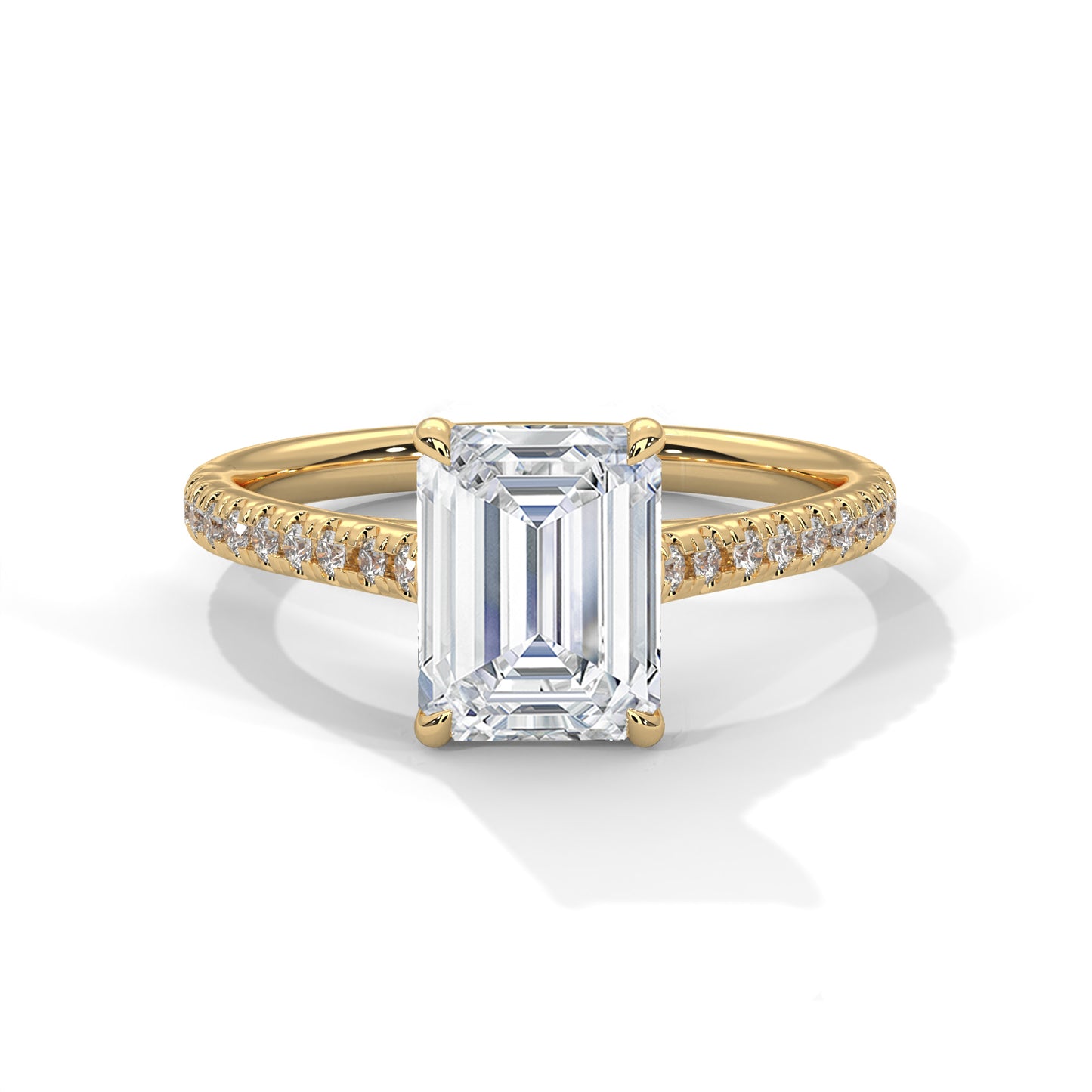 Emerald Cut Lab Diamond Engagement Ring–2ct Solitaire with Pave Band | 14K/18K/10K Yellow/Rose/White Gold | Elegant Lab Grown Diamond Ring