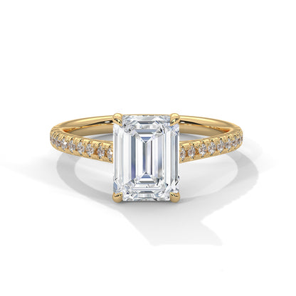 Emerald Cut Lab Diamond Engagement Ring–2ct Solitaire with Pave Band | 14K/18K/10K Yellow/Rose/White Gold | Elegant Lab Grown Diamond Ring