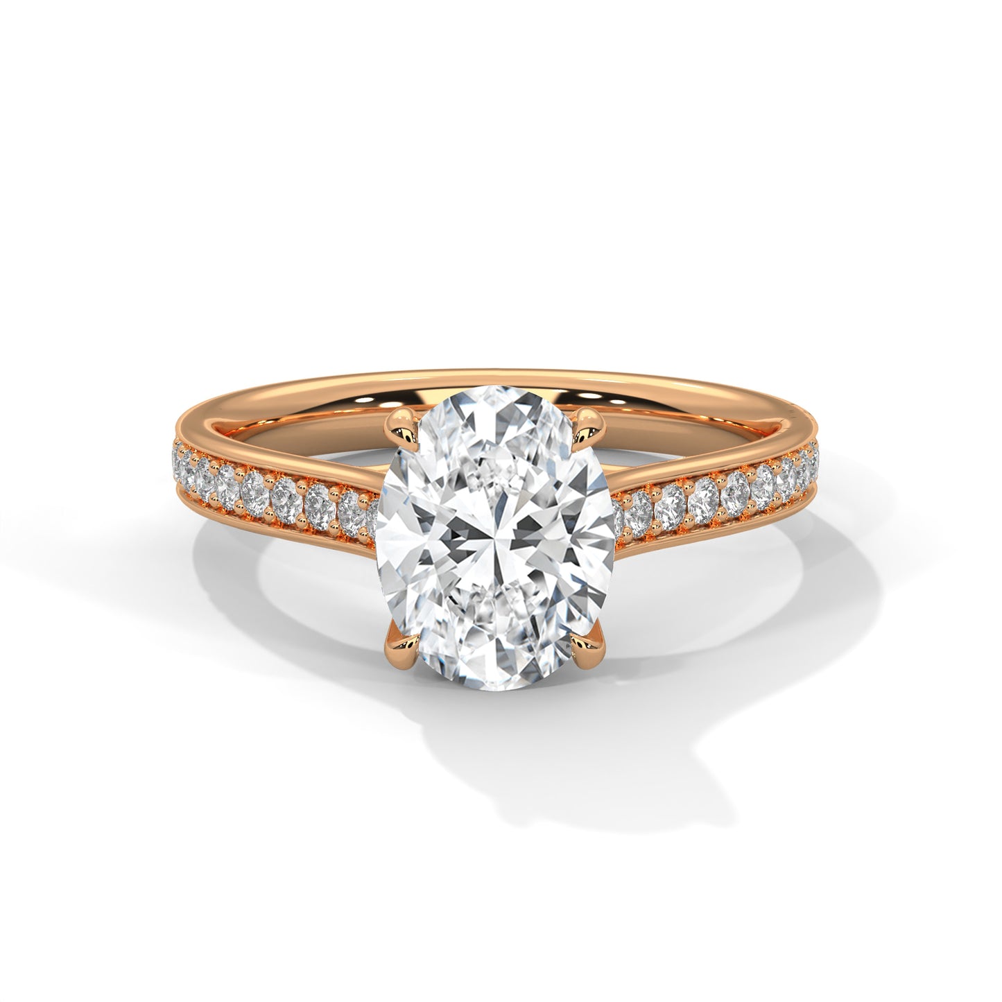 Oval Lab Diamond Engagement Ring with Pave Band – 2ct VVS Clarity – Solid Rose, Yellow, or White Gold – Elegant Bridal Ring
