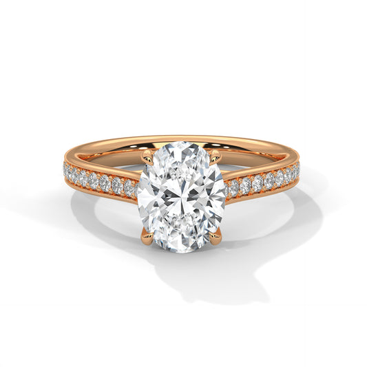 Oval Lab Diamond Engagement Ring with Pave Band – 2ct VVS Clarity – Solid Rose, Yellow, or White Gold – Elegant Bridal Ring