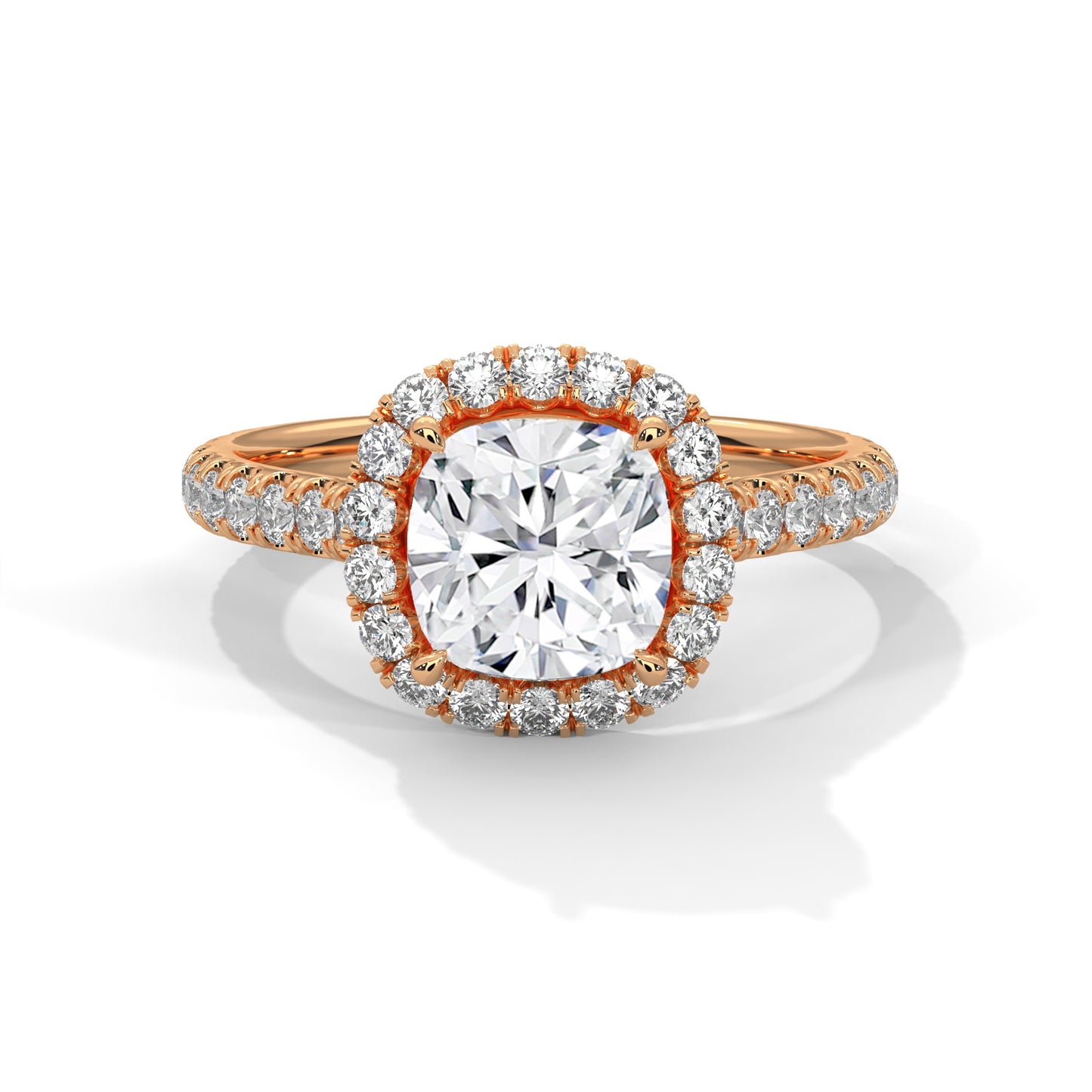 Cushion Cut Lab Diamond Halo Engagement Ring | 2ct Center | Solid Gold | Dainty Pave Diamond Ring | Yellow, Rose & White Gold